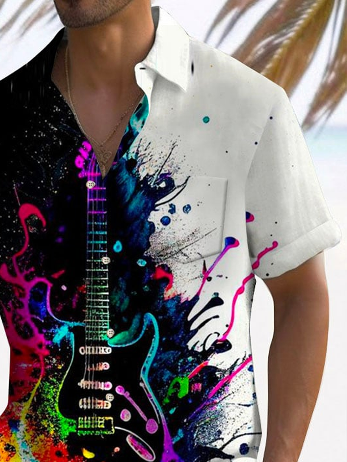 Royaura® Music Art Oil Painting Men's Hawaiian Shirt Guitar Band Stretch Camp Pocket Shirt Big Tall