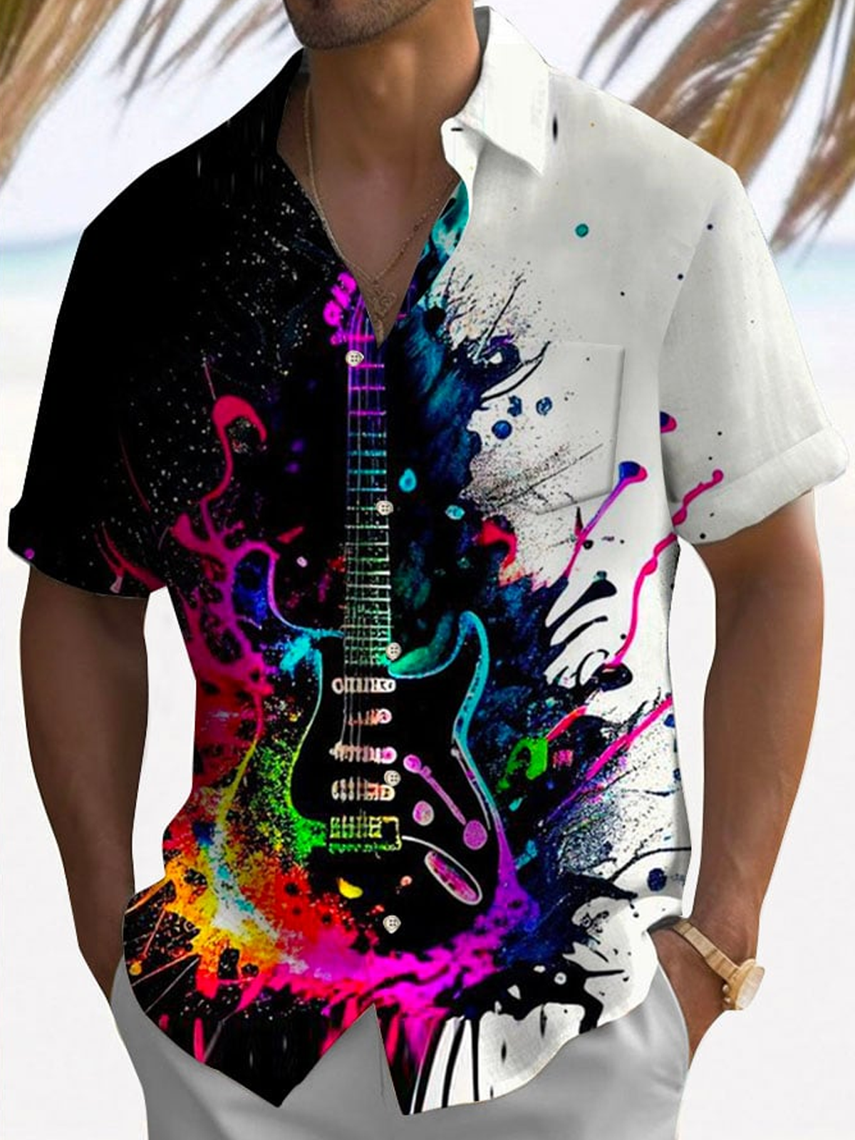 Royaura® Music Art Oil Painting Men's Hawaiian Shirt Guitar Band Stretch Camp Pocket Shirt Big Tall