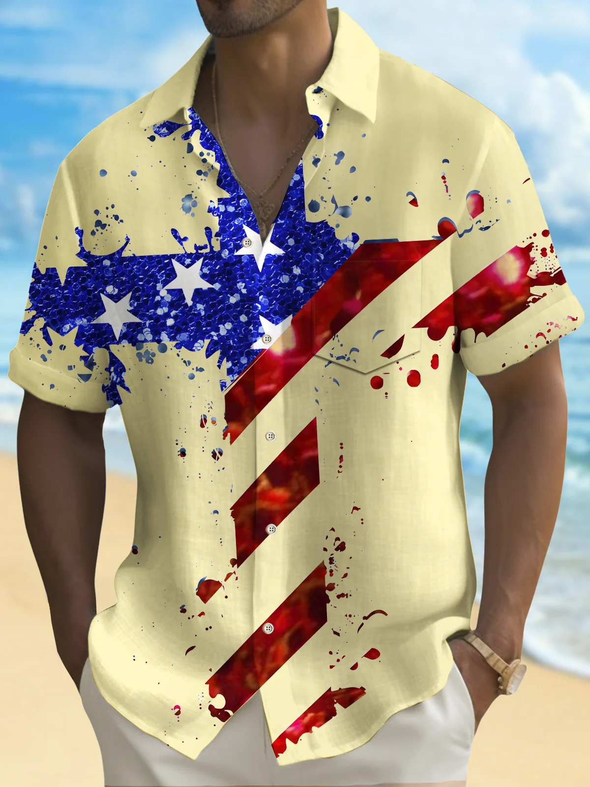 Royaura®  Holiday Men's Independence Day Flag Cross Print Casual Breathable Short Sleeve Shirt Big Tall