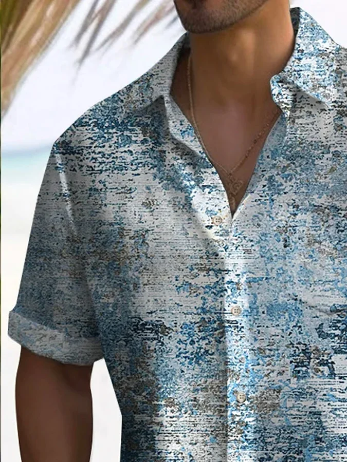 Royaura® 50's Vintage Art Textured Light Blue Men's Hawaiian Shirt Camp Pocket Stretch Shirt Big Tall