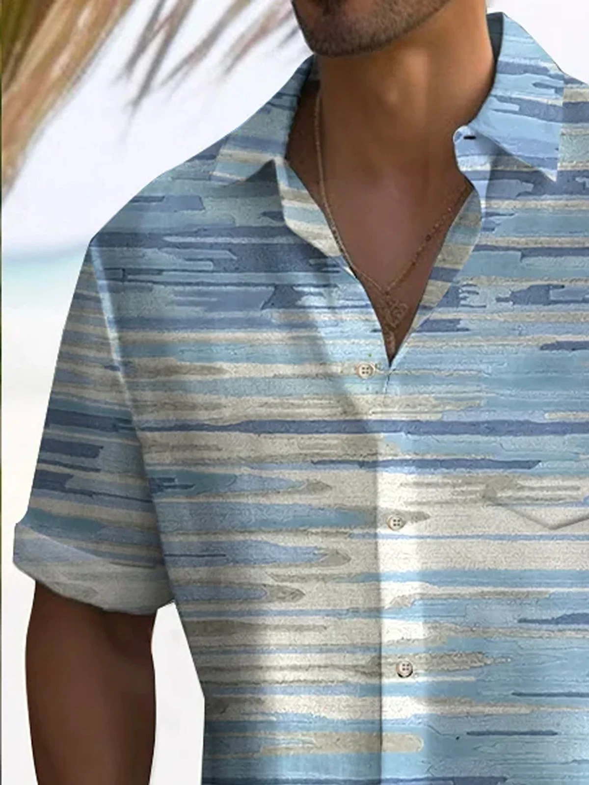 Royaura®  50's Vintage Art Textured Light Blue Men's Hawaiian Shirt Camp Pocket Stretch Shirt Big Tall
