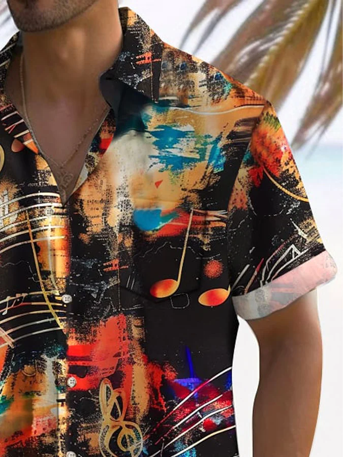 Royaura® Music Note Art Oil Paint Men's Hawaiian Shirt Band Stretch Camping Pocket Ombre Shirt Big Tall