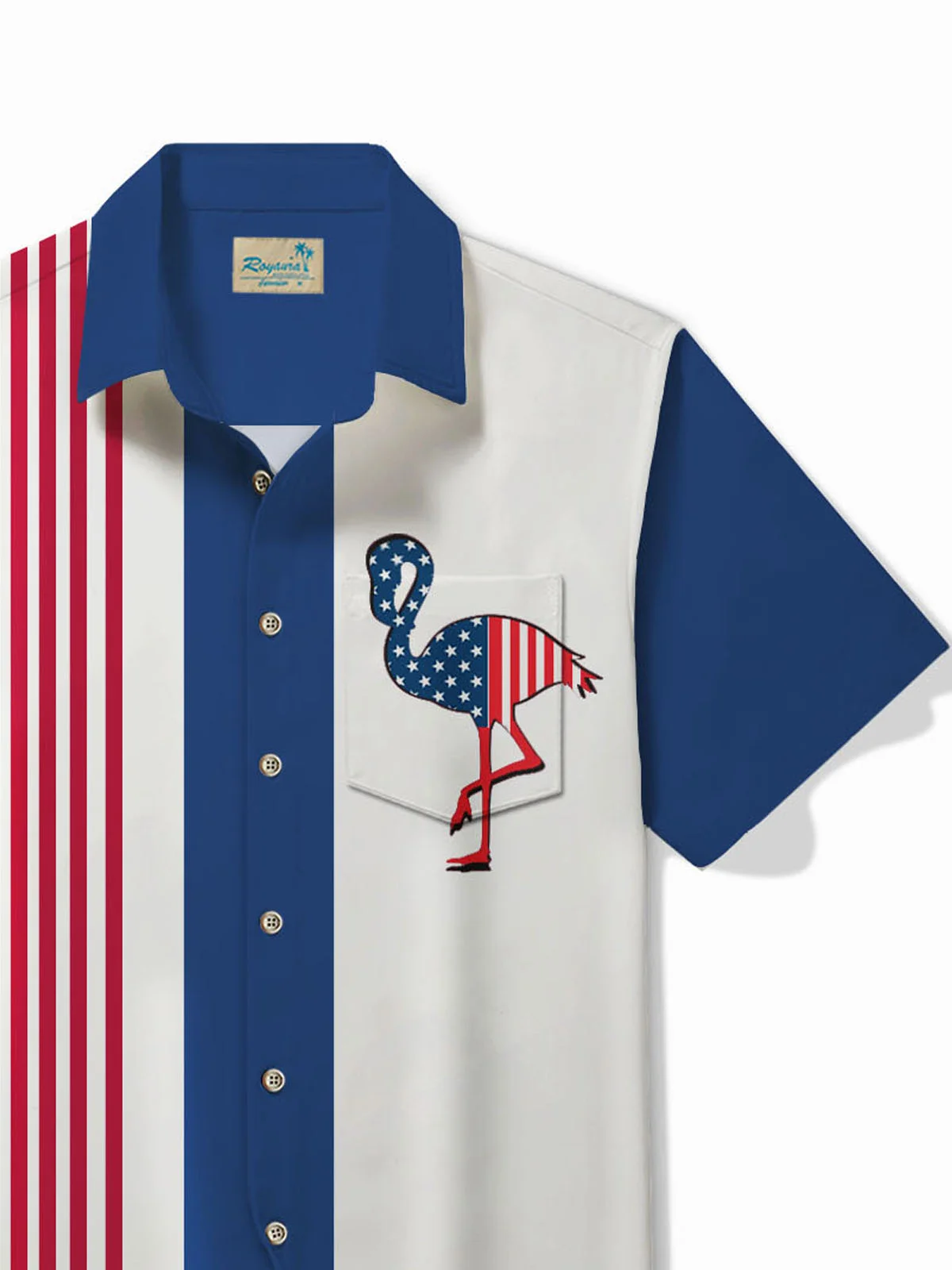 Royaura® Vintage Bowling Independence Day Flag Striped Flamingo 3D Print Men's Button Pocket Short Sleeve Shirt