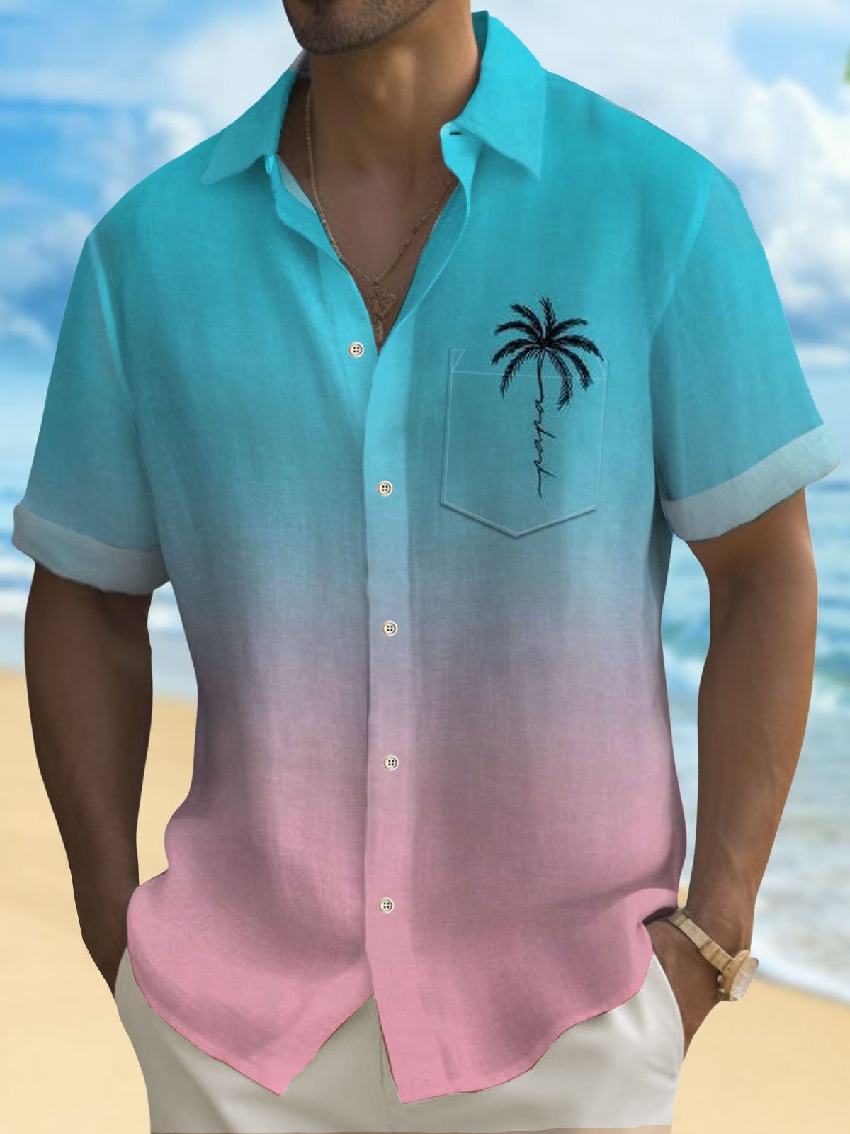 Royaura® Hawaiian Coconut Tree Gradient 3D Print Men's Button Pocket Short Sleeve Shirt