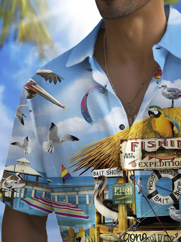 Royaura® Beach Vacation Men's Hawaiian Shirt Parrot Seabird Print Pocket Camping Shirt Big Tall