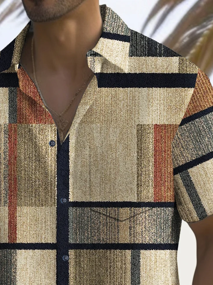 Royaura® Vintage Geometric Print Chest Pocket Shirt Plus Size Men's Shirt Big Tall