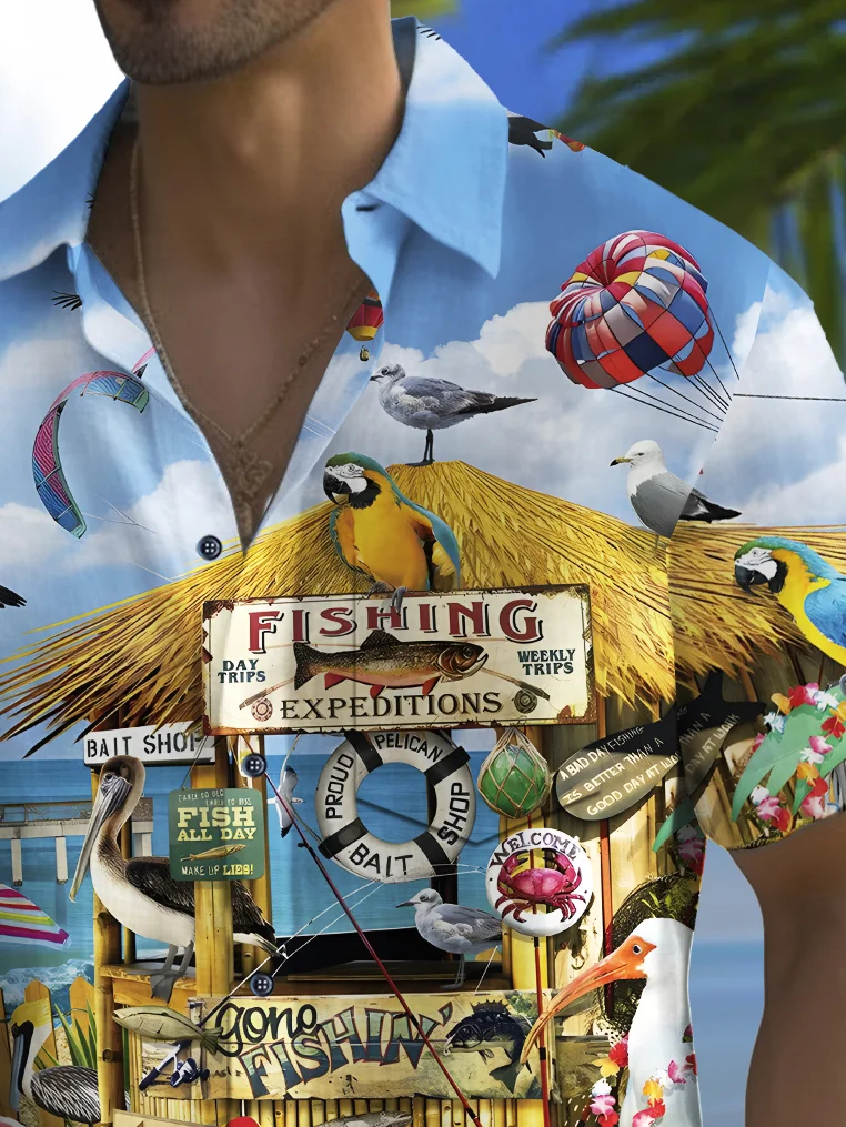 Royaura® Beach Vacation Men's Hawaiian Shirt Parrot Seabird Print Pocket Camping Shirt Big Tall