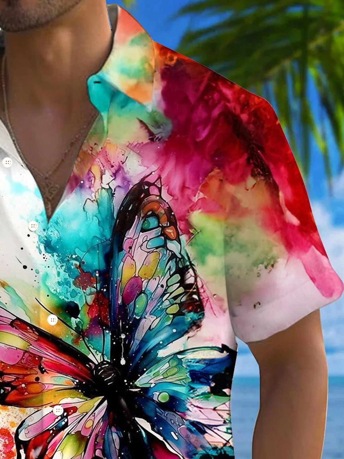 Royaura® Hawaiian Art Butterfly 3D Print Men's Button Pocket Short Sleeve Shirt