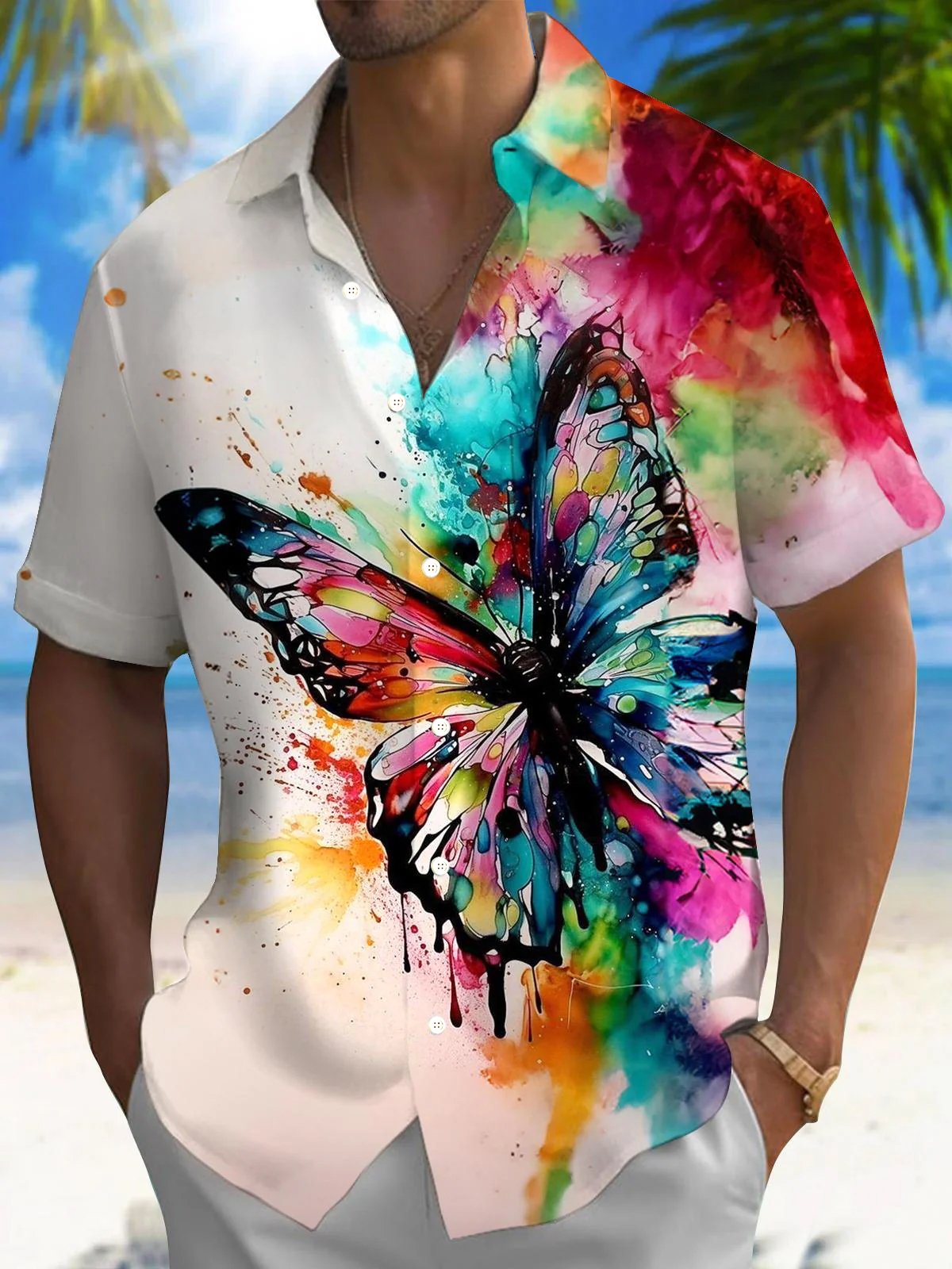 Royaura® Hawaiian Art Butterfly 3D Print Men's Button Pocket Short Sleeve Shirt