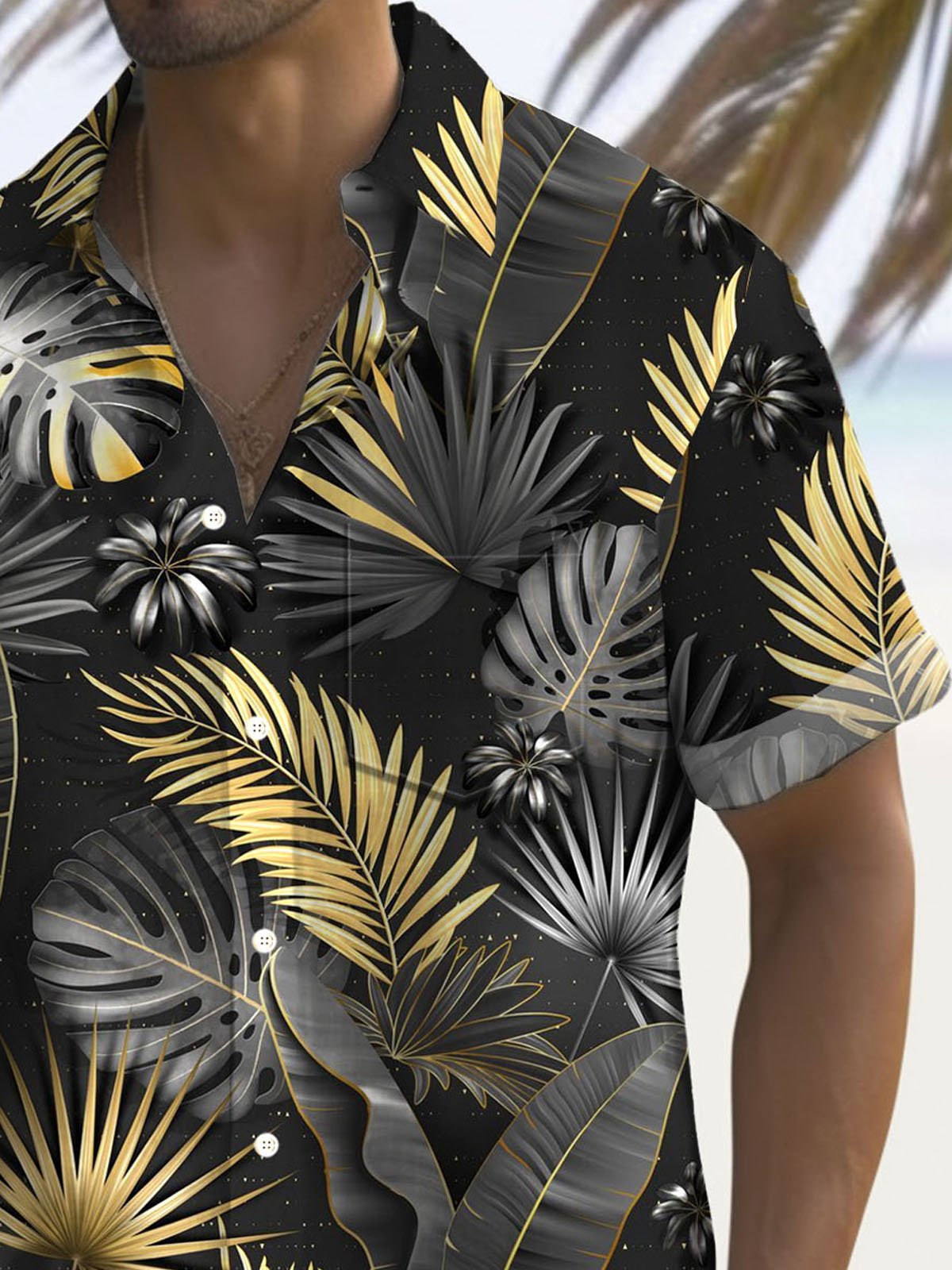 Royaura® Hawaiian Tropical Gold Floral 3D Print Men's Button Pocket Short Sleeve Shirt