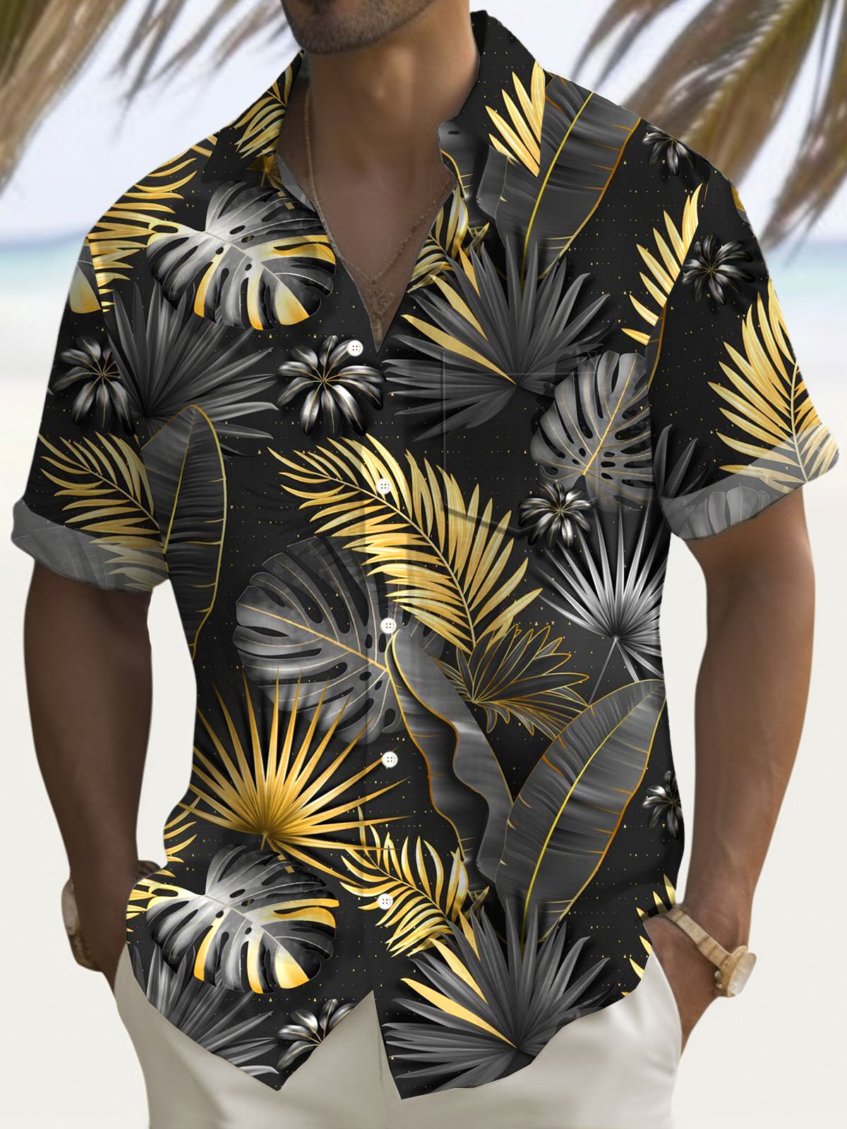 Royaura® Hawaiian Tropical Gold Floral 3D Print Men's Button Pocket Short Sleeve Shirt