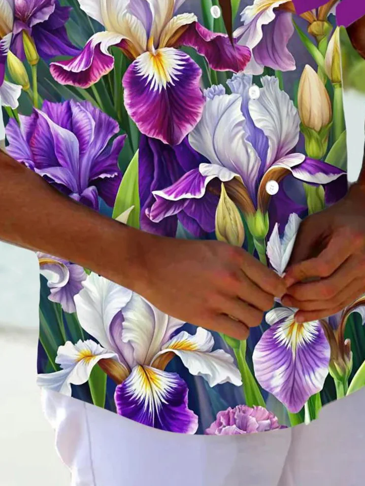 Royaura® Beach Vacation Men's Hawaiian Shirt Botanical Flower Print Pocket Camping Shirt Big Tall