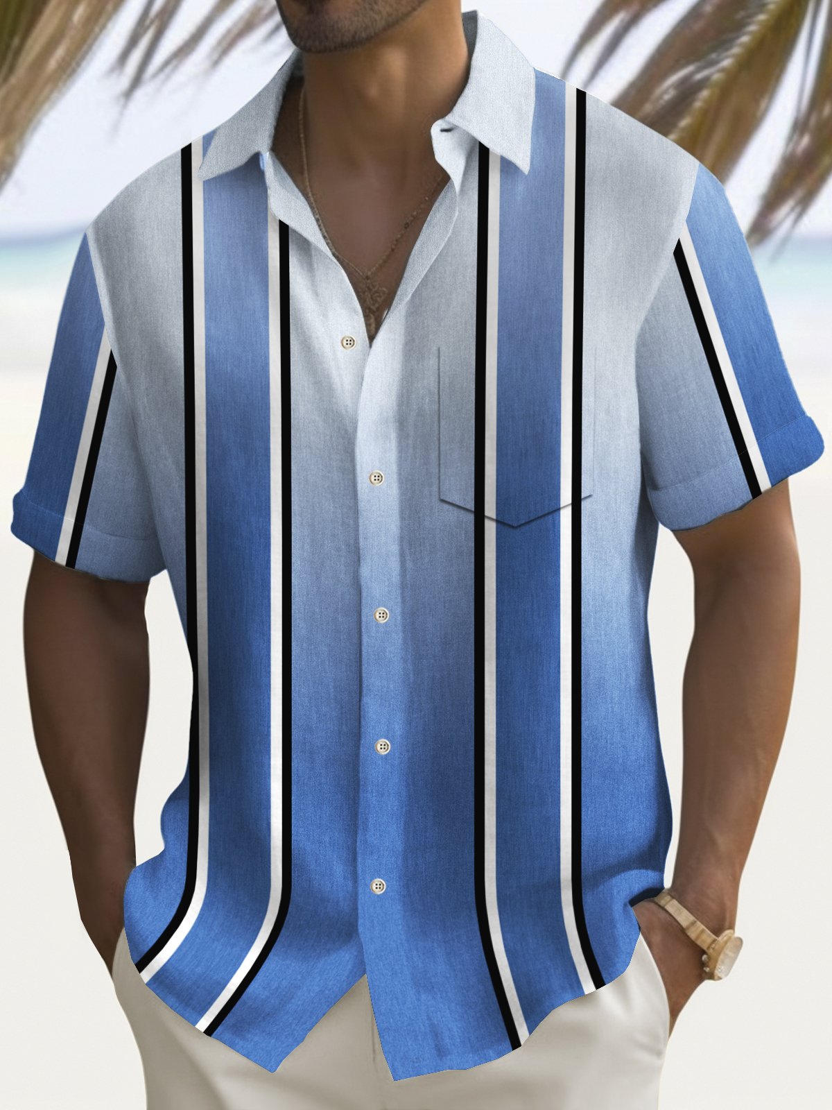 Royaura® Vintage Bowling Stripe Gradient Print Chest Pocket Shirt Plus Size Men's Shirt Big Tall