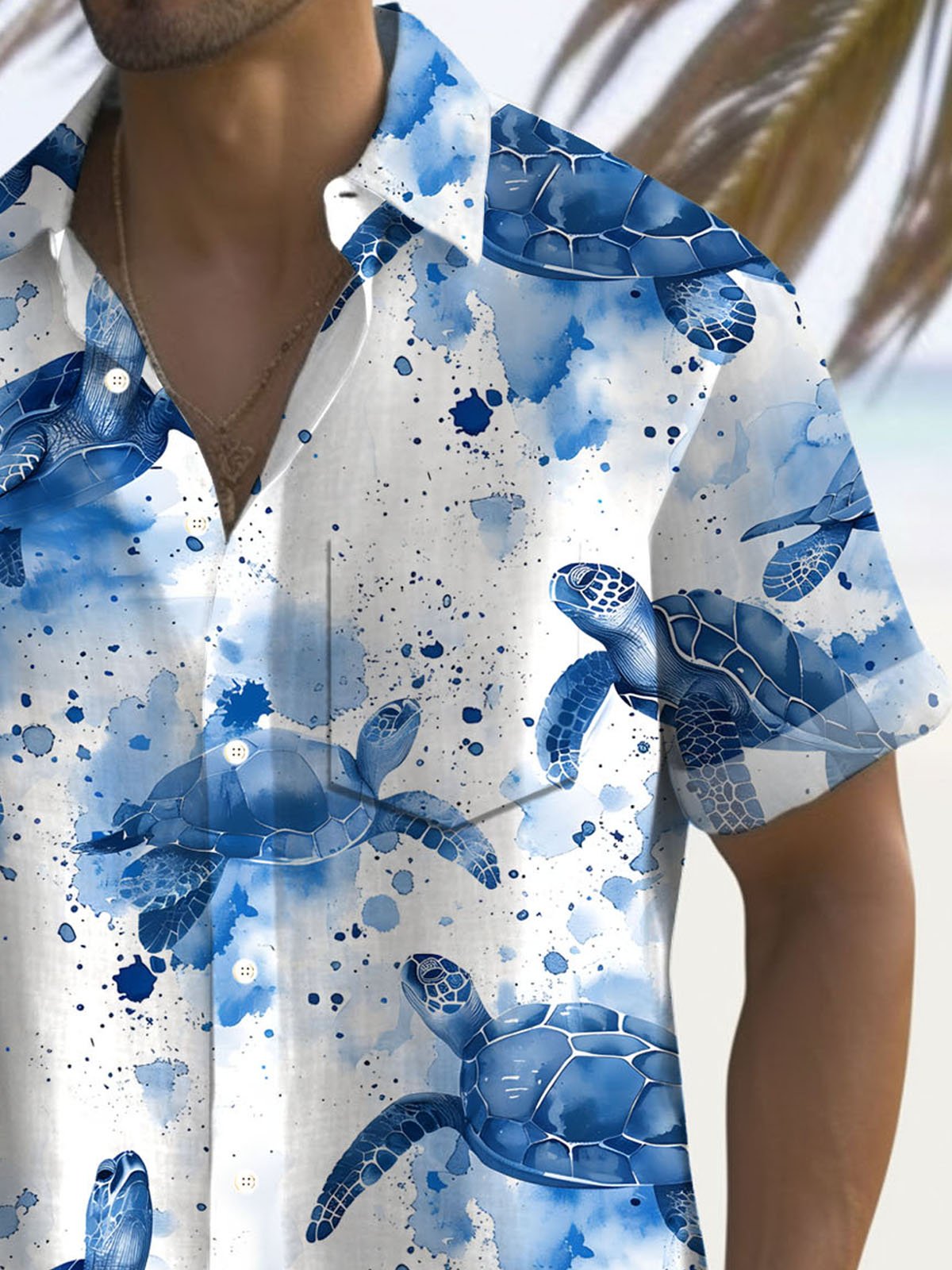 Royaura® Hawaiian Sea Turtle 3D Print Men's Button Pocket Short Sleeve Shirt