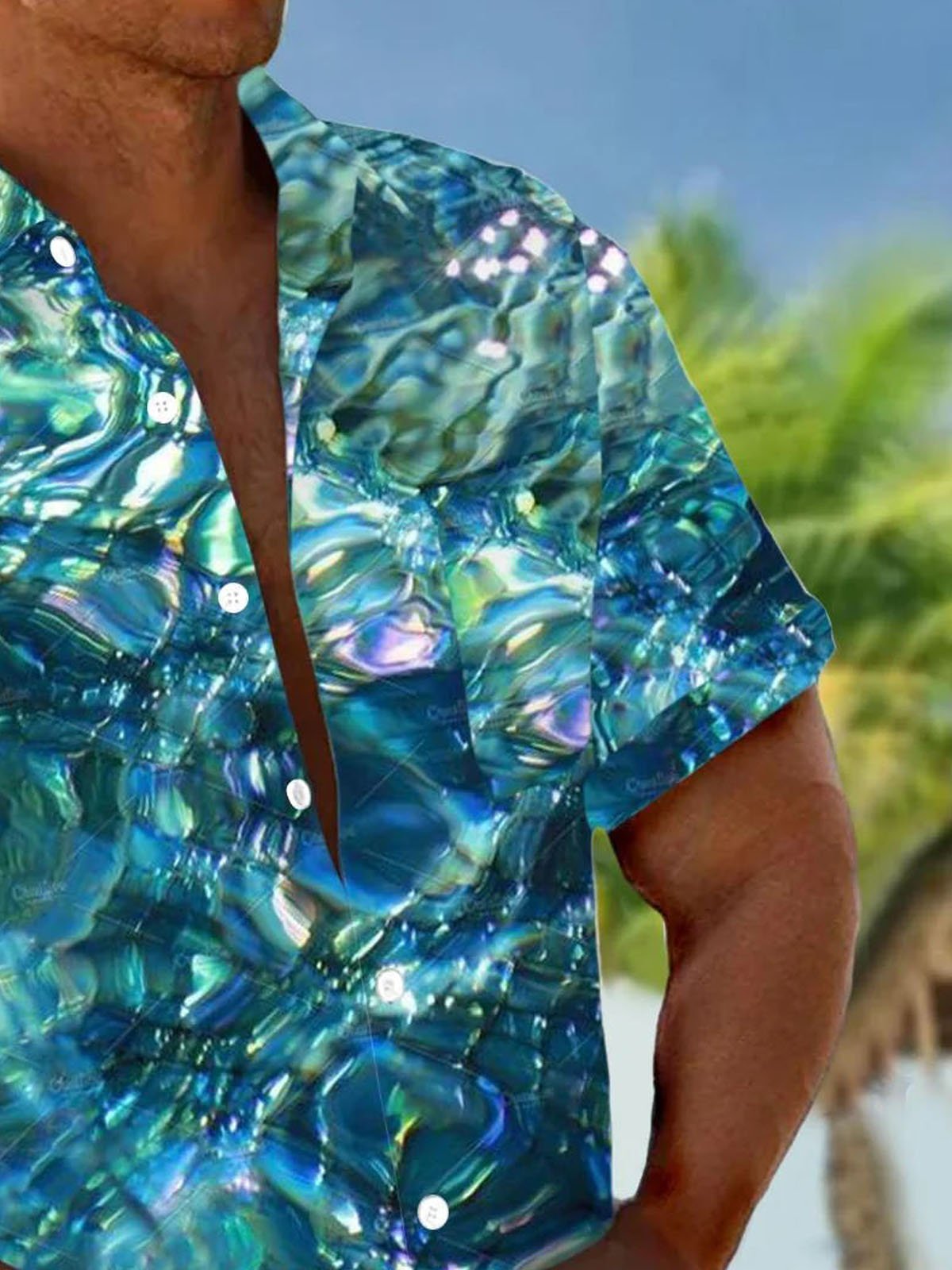 Royaura® Hawaiian Water Ripple Gradient 3D Print Men's Button Pocket Short Sleeve Shirt