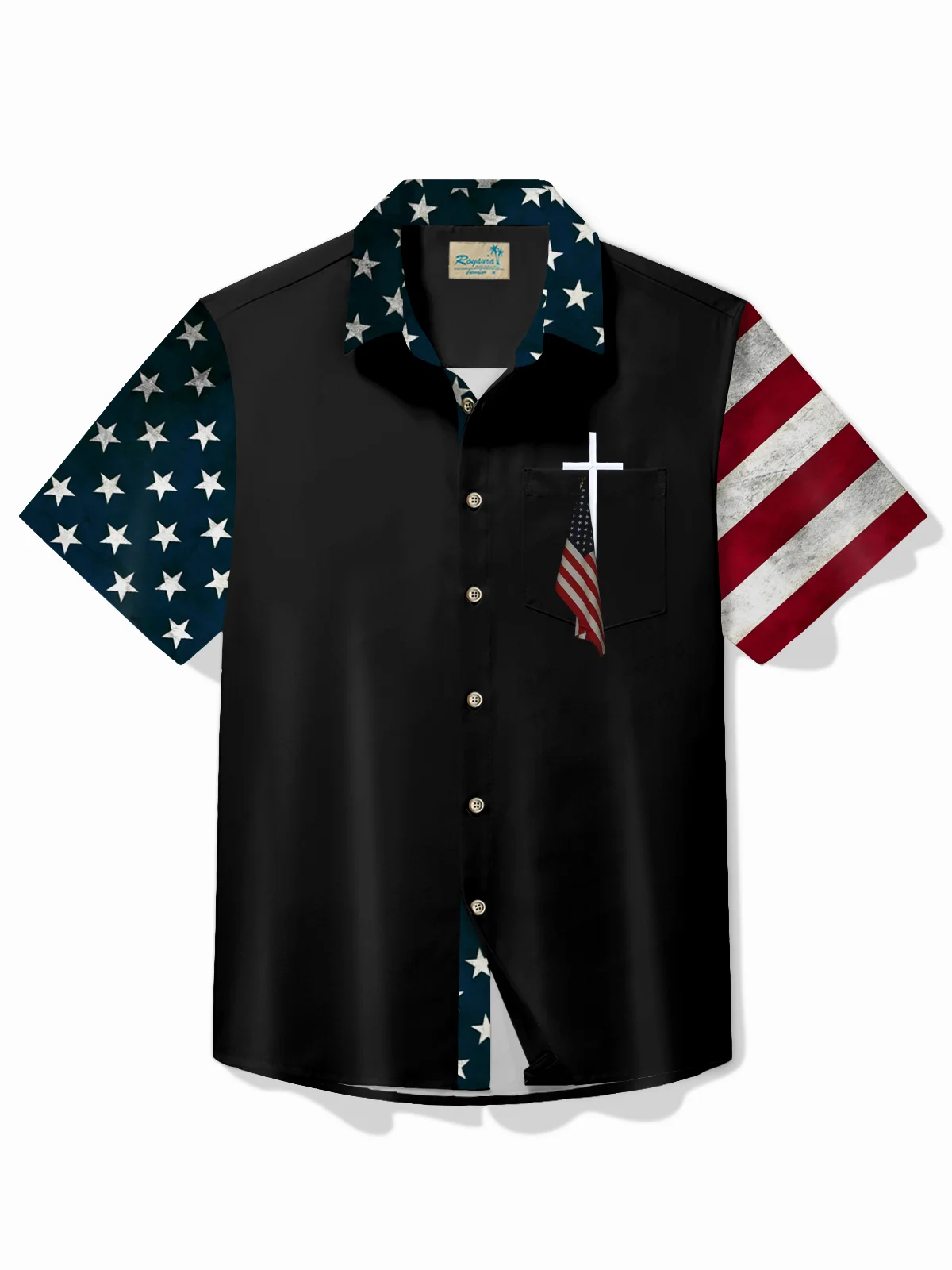 Royaura® Holiday Men's Independence Day Flag Cross Print Casual Breathable Short Sleeve Shirt Big Tall