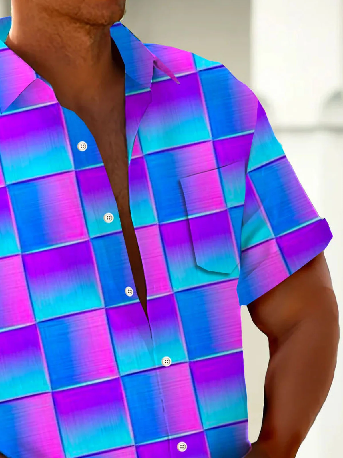 Royaura® Hawaiian Geometric Gradient 3D Print Men's Button Pocket Short Sleeve Shirt