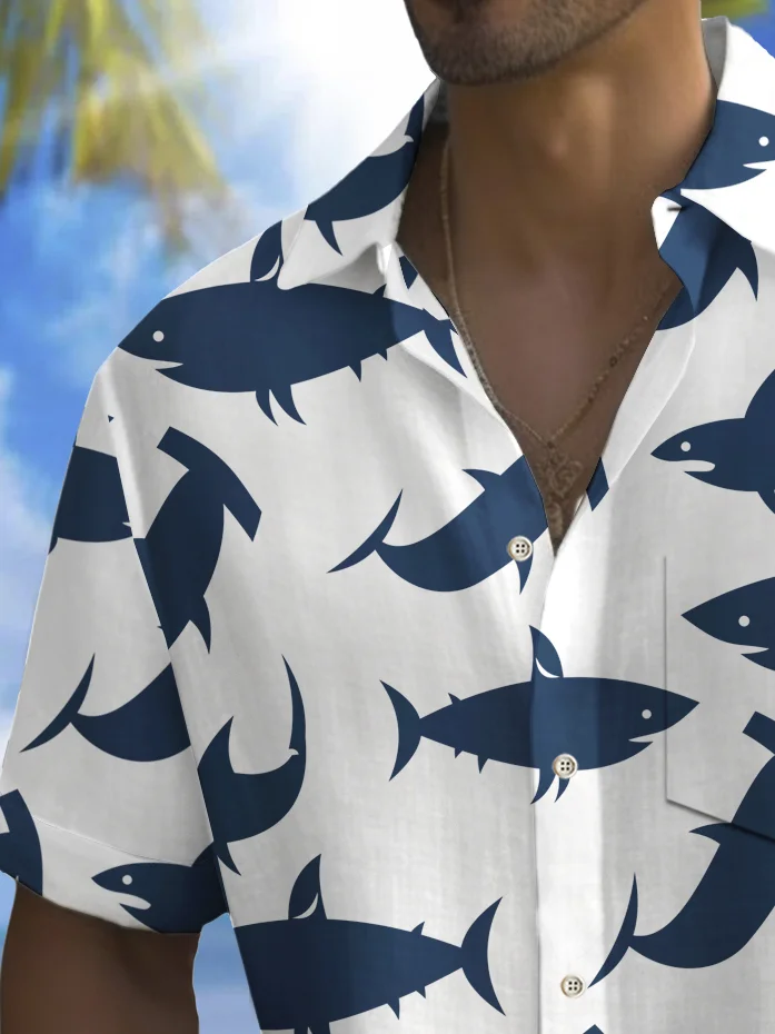 Royaura® Beach Vacation Men's Hawaiian Shirt Shark Print Pocket Camping Shirt Big Tall