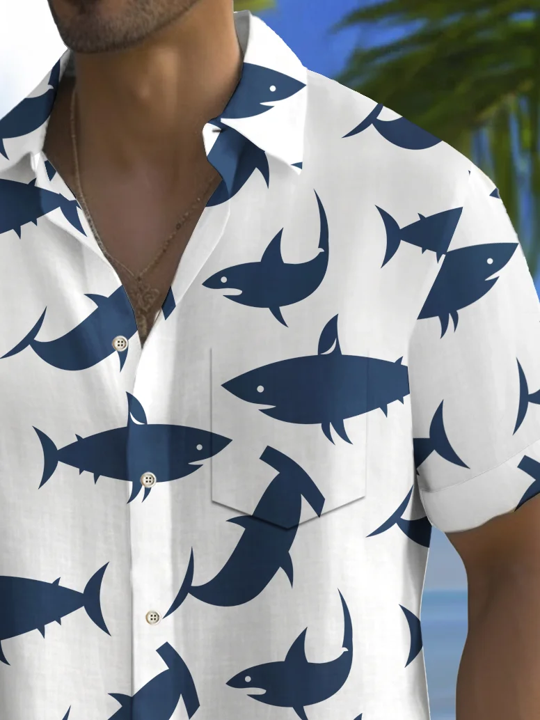 Royaura® Beach Vacation Men's Hawaiian Shirt Shark Print Pocket Camping Shirt Big Tall