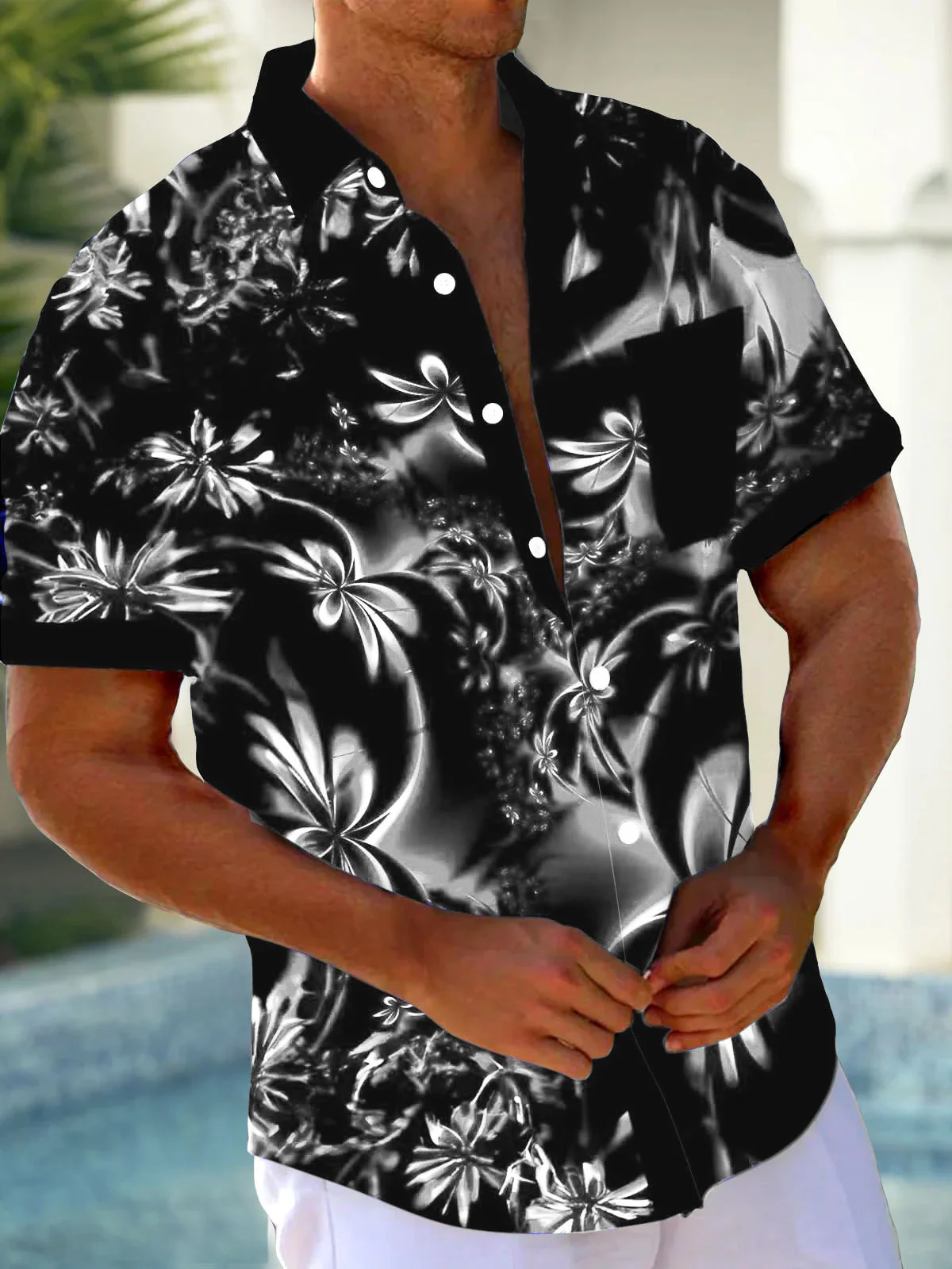 Royaura® Hawaiian Floral 3D Print Men's Button Pocket Short Sleeve Shirt
