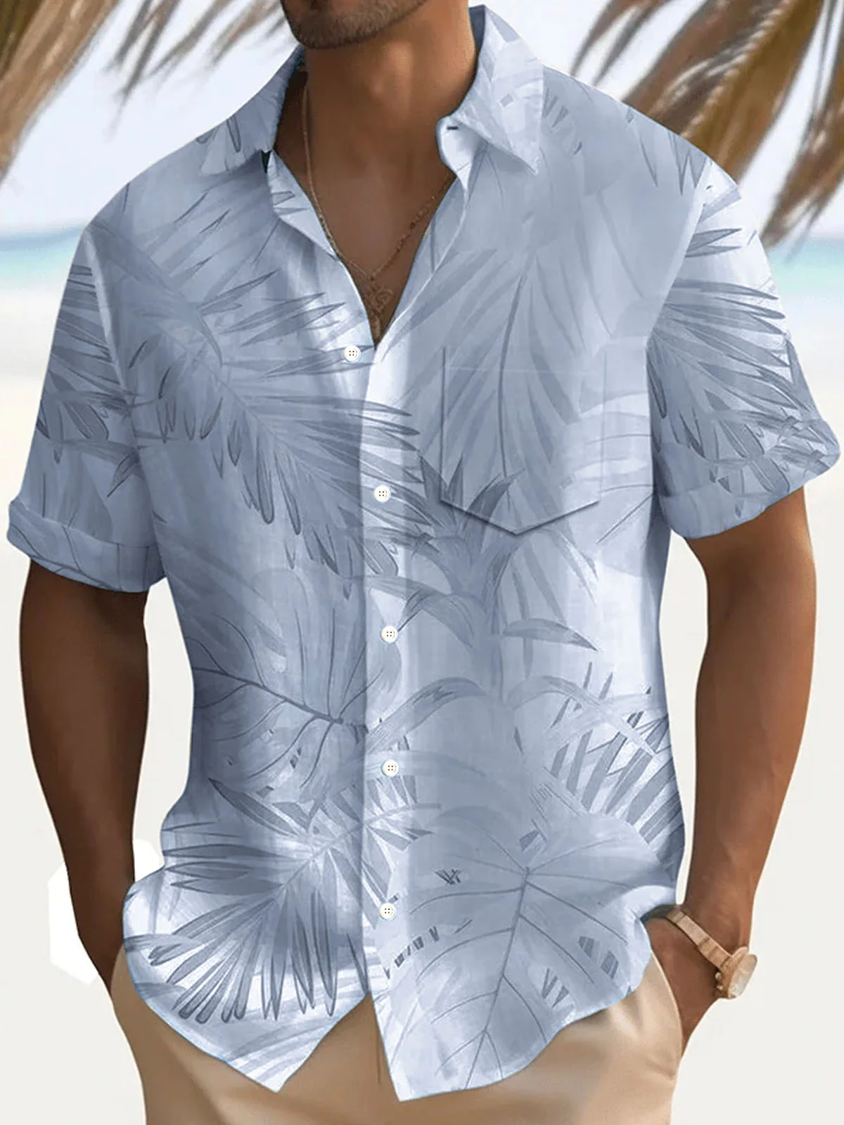 Royaura® Beach Vacation Tropical Leaves Men's Hawaiian Shirt Stretch Camp Pocket Shirt Big Tall