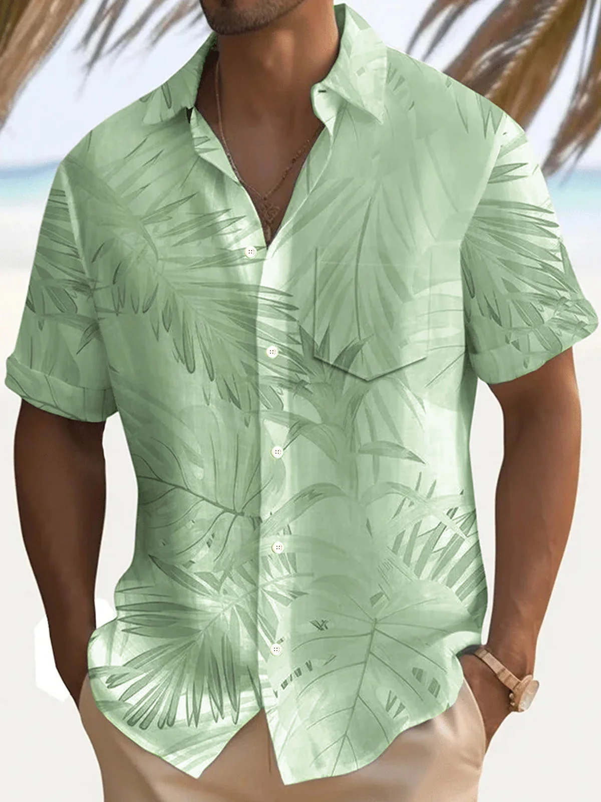 Royaura® Beach Vacation Tropical Leaves Men's Hawaiian Shirt Stretch Camp Pocket Shirt Big Tall