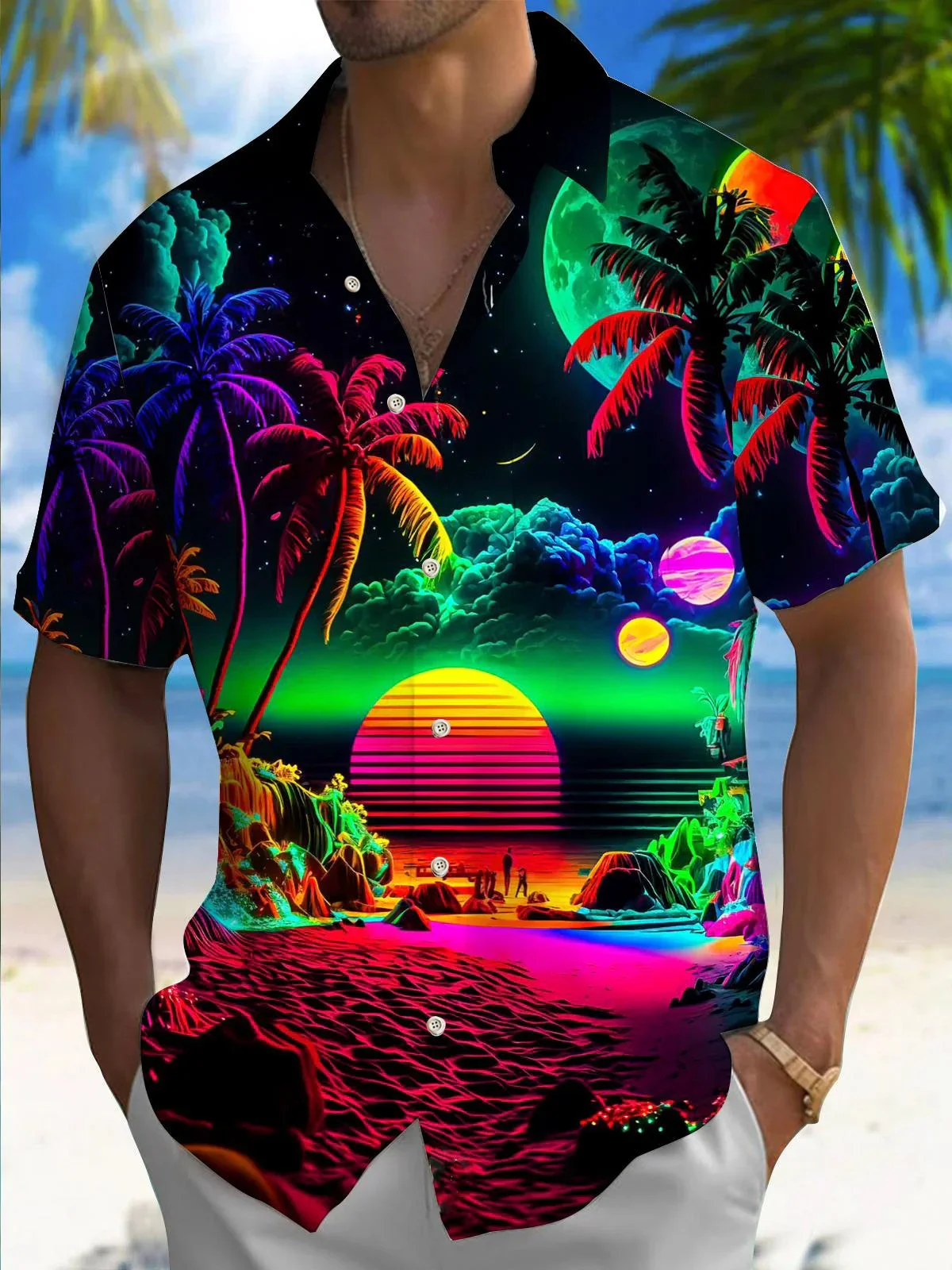 Royaura® Hawaii Coconut Tree Sunset Landscape 3D Print Men's Button Pocket Short Sleeve Shirt