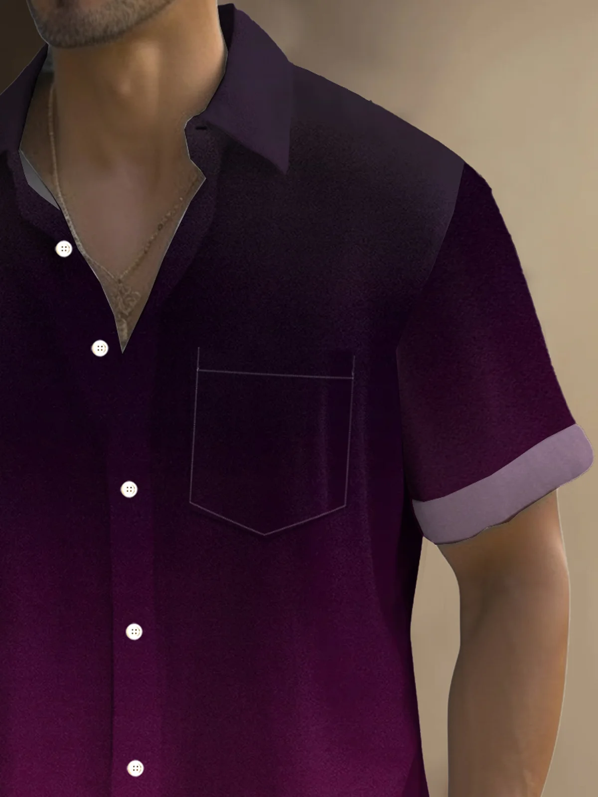 Royaura® Retro Gradient Noble Purple 3D Print Men's Button Pocket Short Sleeve Shirt