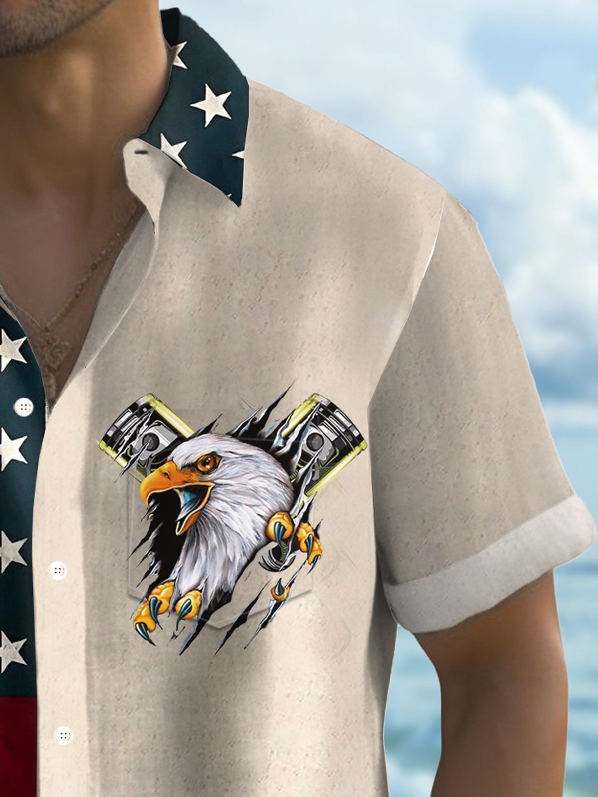 Royaura® Vintage Independence Day Flag Eagle 3D Print Men's Button Pocket Short Sleeve Shirt Big & Tall