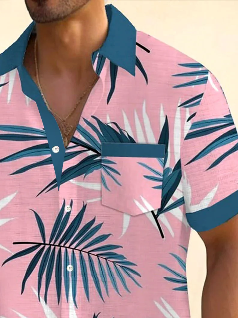 Royaura® Beach Vacation Men's Hawaiian Shirt Plant Leaf Print Pocket Camping Shirt Big Tall