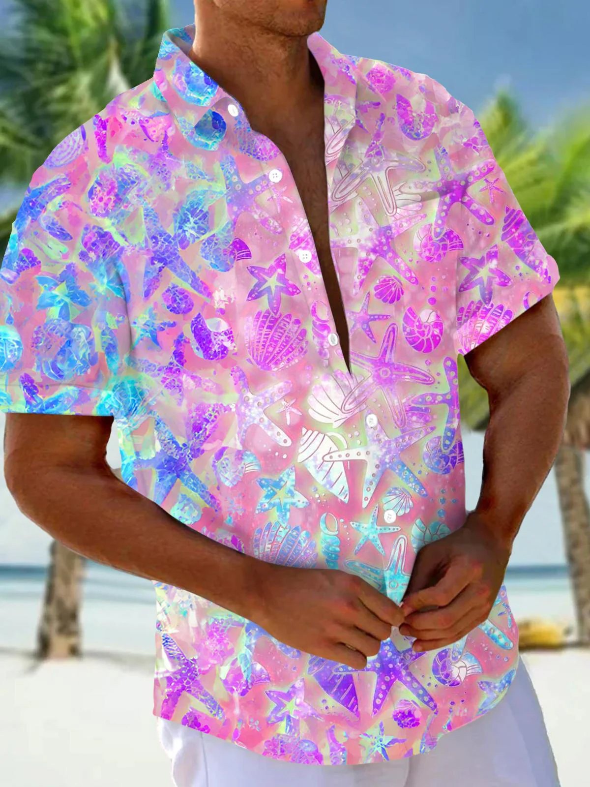 Royaura® Hawaiian Sea Life Gradient 3D Print Men's Button Pocket Short Sleeve Shirt