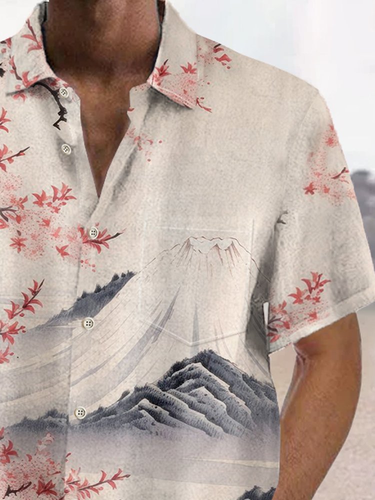 Royaura® Hawaiian Cherry Blossom Ukiyoe Mount Fuji 3D Print Men's Button Pocket Short Sleeve Shirt