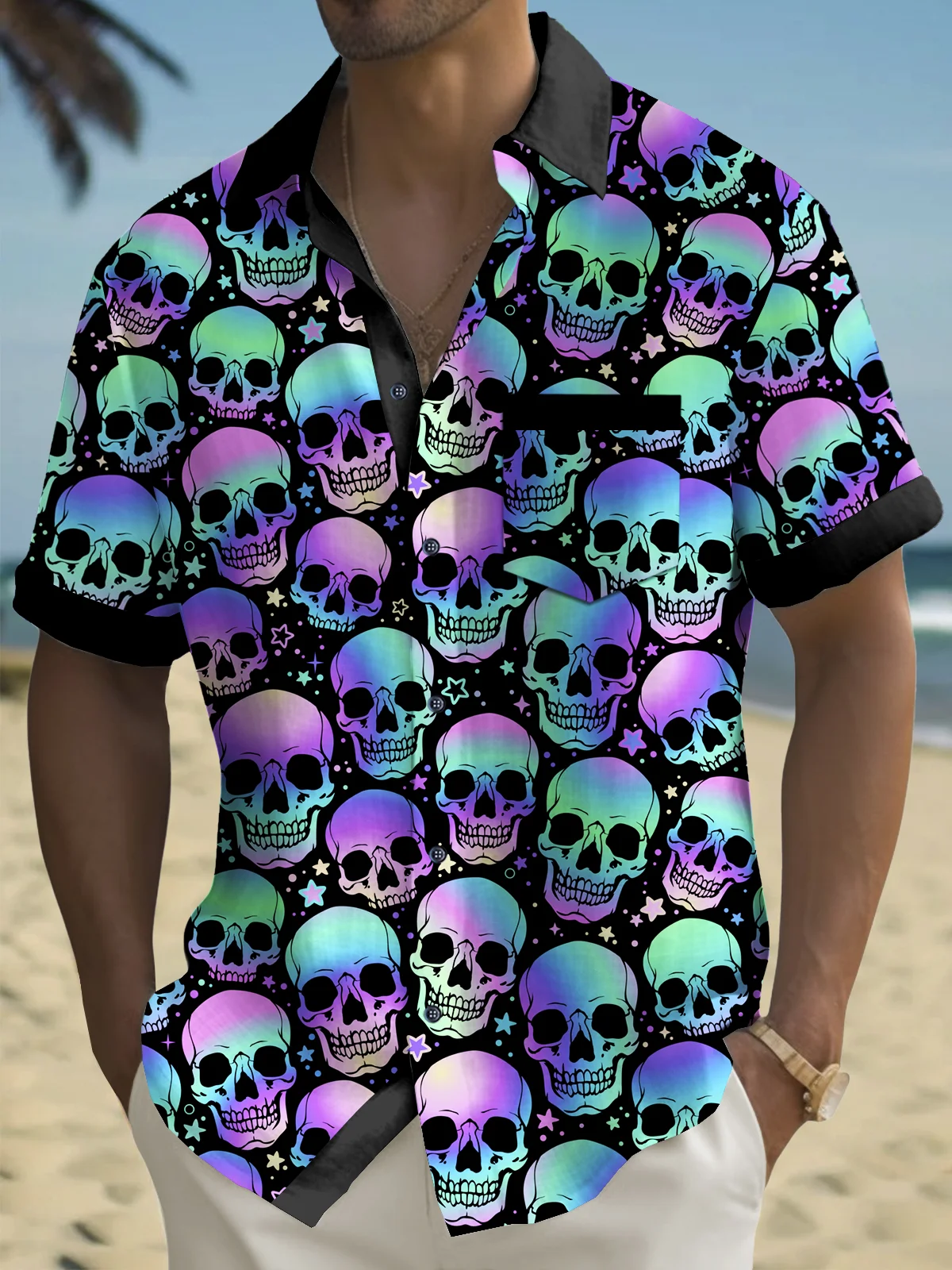 Royaura® Vintage Skull Print Chest Pocket Men's Tall Shirt Big Tall