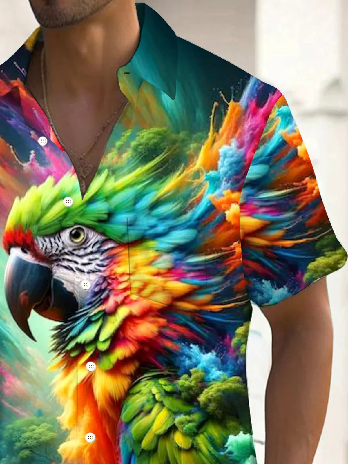 Royaura® Hawaiian Parrot Art Abstract 3D Print Men's Button Pocket Short Sleeve Shirt Big & Tall