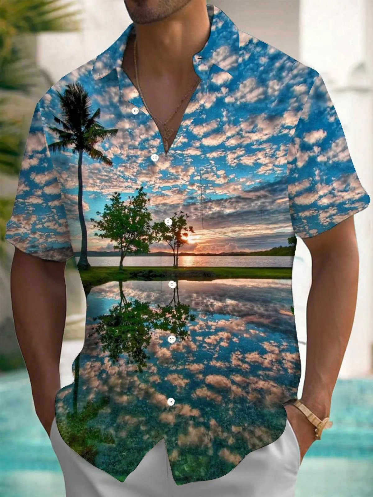 Royaura® Hawaii Natural Landscape Coconut Tree 3D Print Men's Button Pocket Short Sleeve Shirt Big & Tall