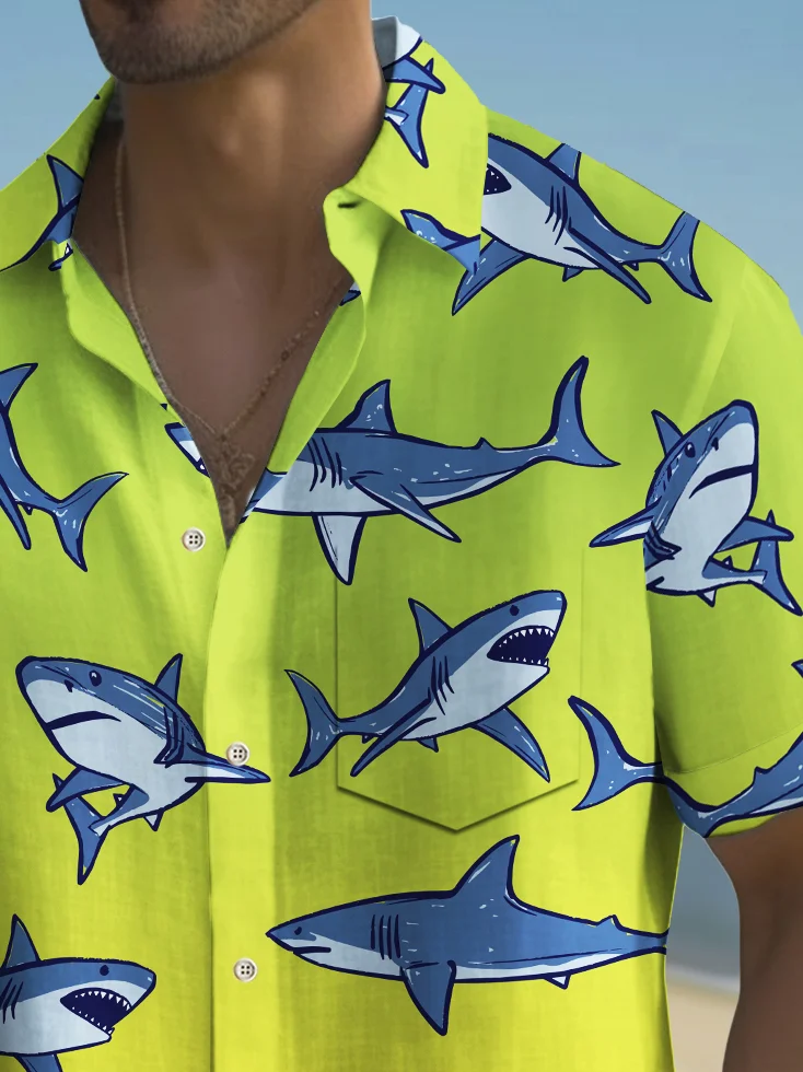 Royaura® Beach Vacation Men's Hawaiian Shirt Shark Gradient Print Pocket Camping Shirt Big Tall