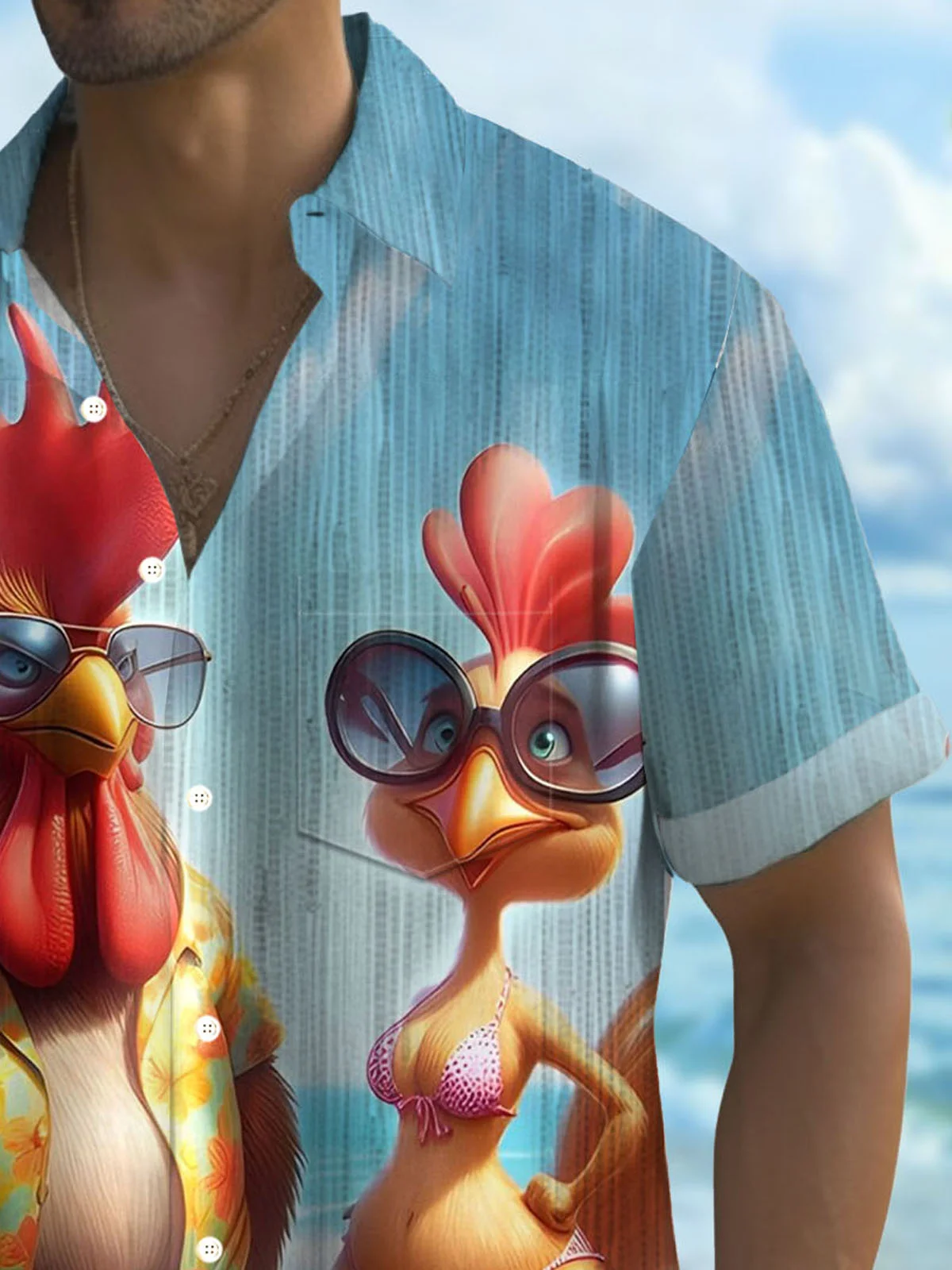 Royaura® Hawaiian Fun Rooster Beach 3D Print Men's Button Pocket Short Sleeve Shirt Big & Tall