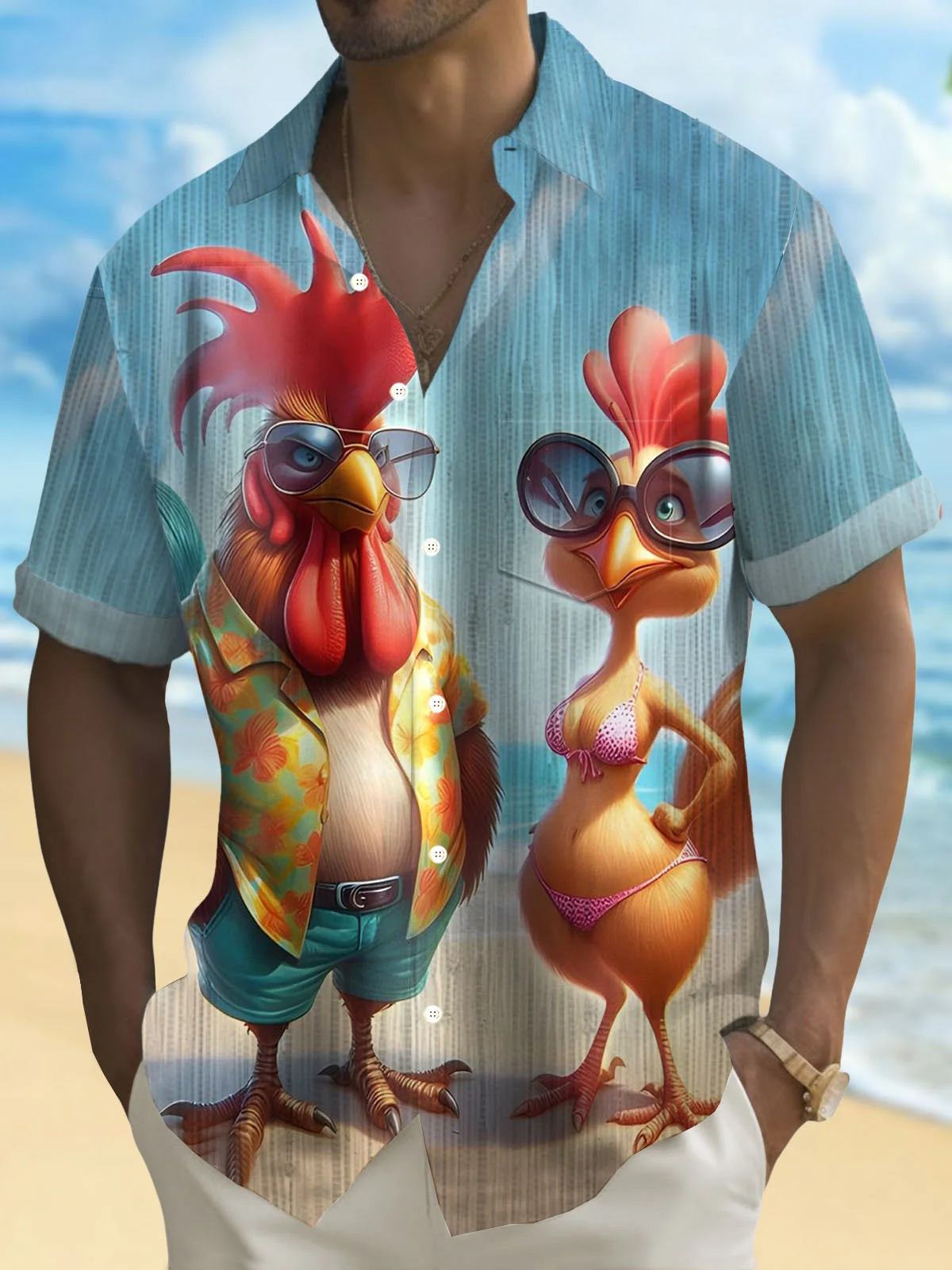 Royaura® Hawaiian Fun Rooster Beach 3D Print Men's Button Pocket Short Sleeve Shirt Big & Tall