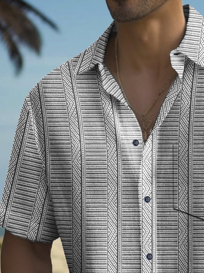 Royaura® Vintage Abstract Stripe Print Chest Pocket Men's High Shirt Big Tall