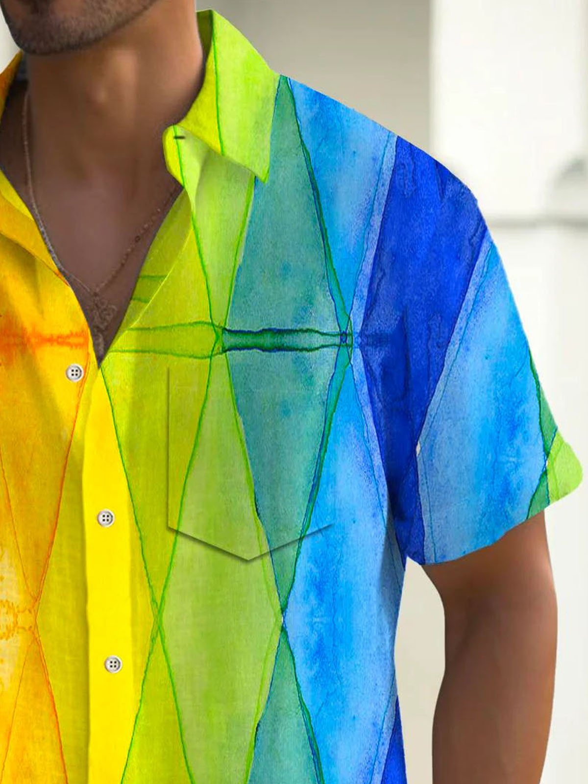 Royaura® Hawaiian Art Geometric Color Block 3D Print Men's Button Pocket Short Sleeve Shirt Big & Tall