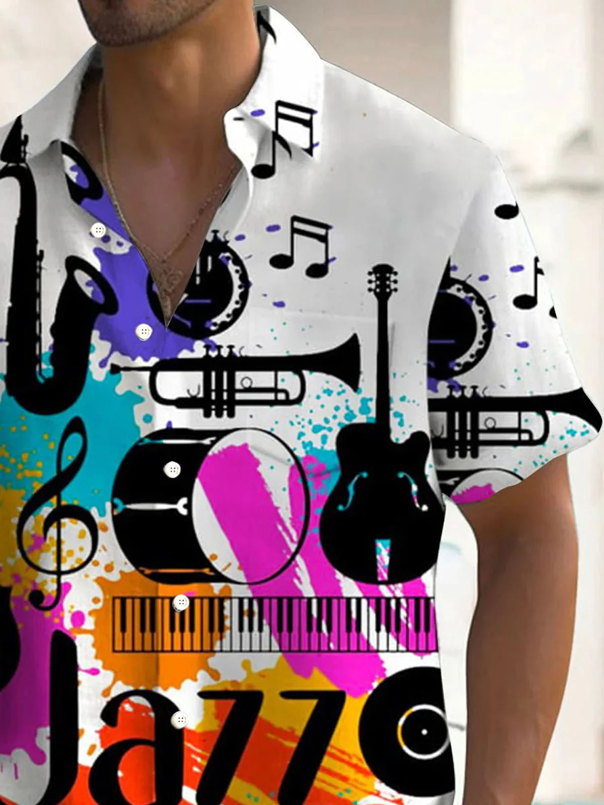 Royaura® Retro Musical Jazz 3D Print Men's Button Pocket Short Sleeve Shirt Big & Tall