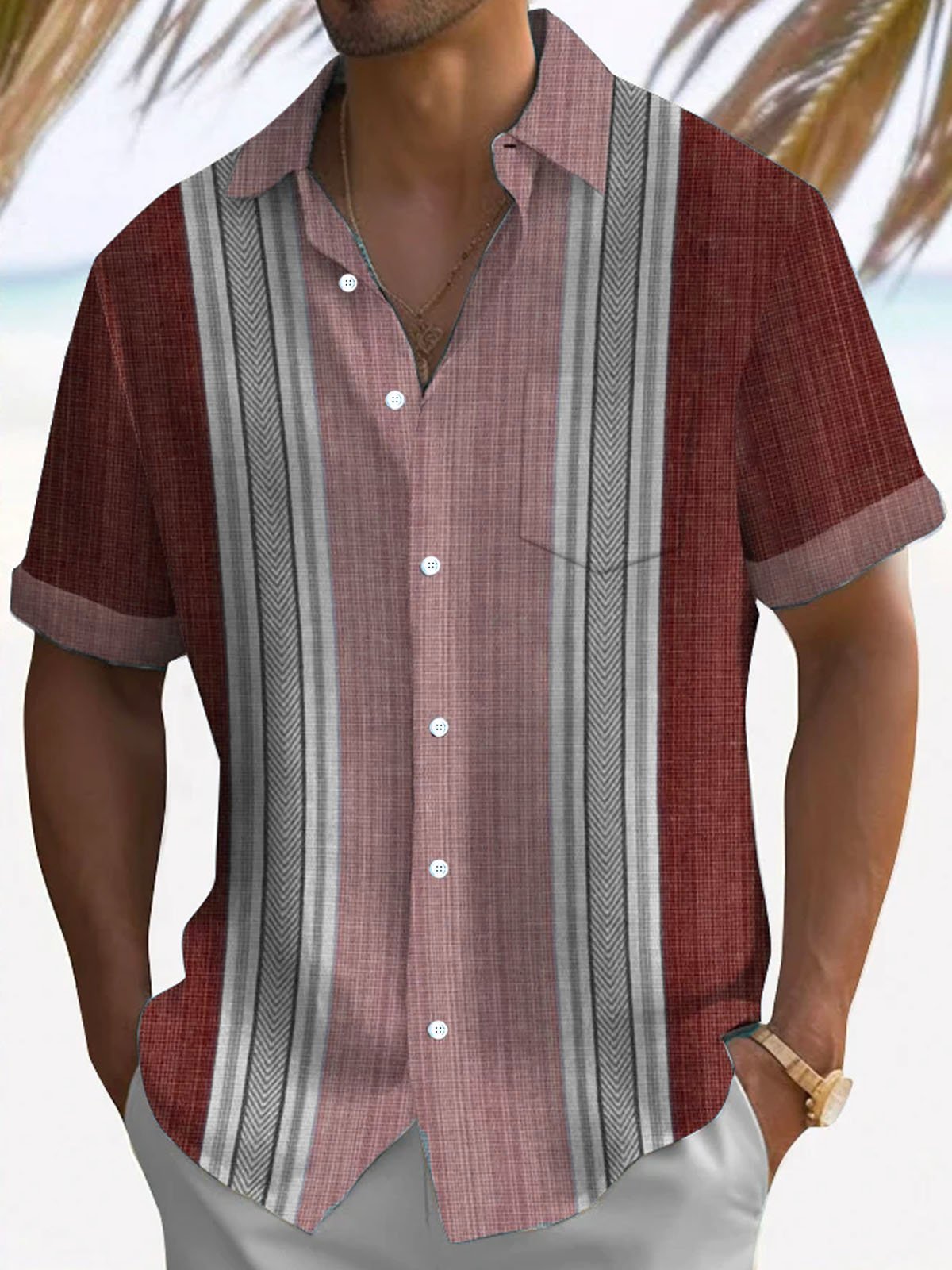 Royaura® Retro Geometric Textured Print Men's Button Pocket Short Sleeve Shirt