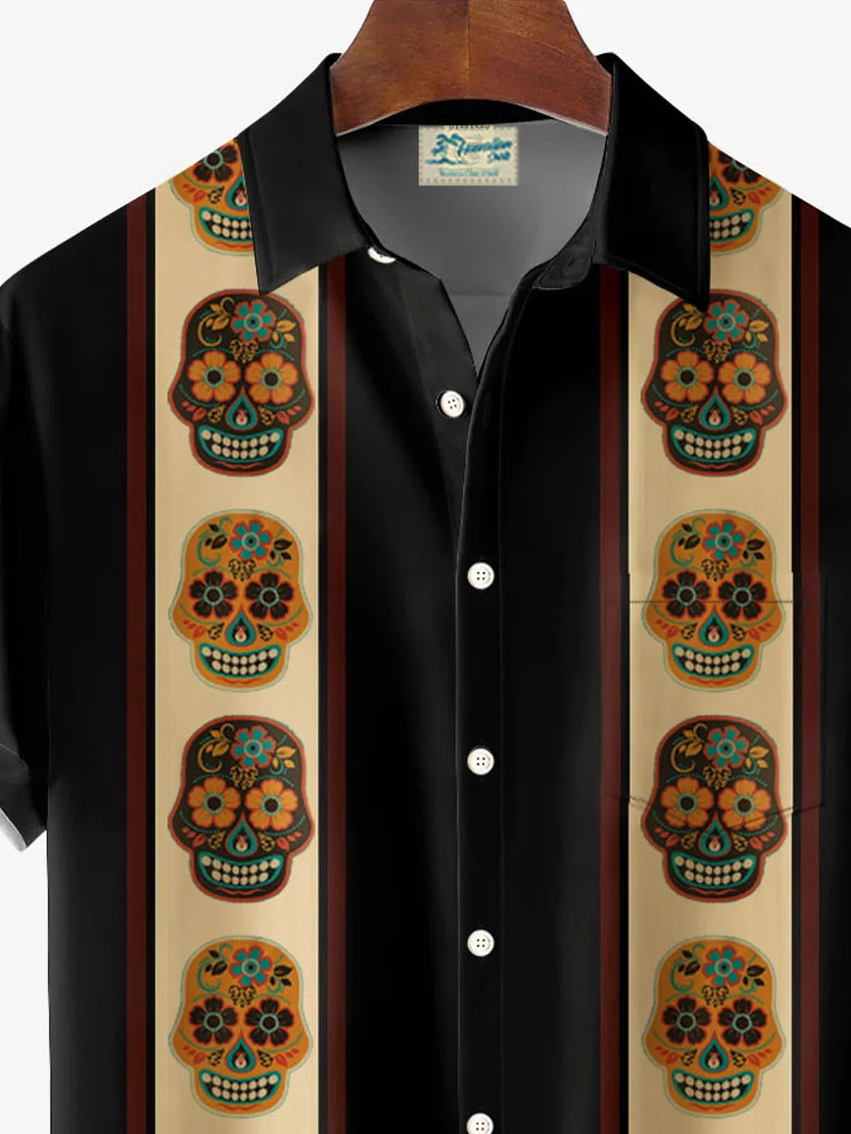 Royaura® Retro Bowling Skull 3D Print Men's Button Pocket Short Sleeve Shirt Big & Tall