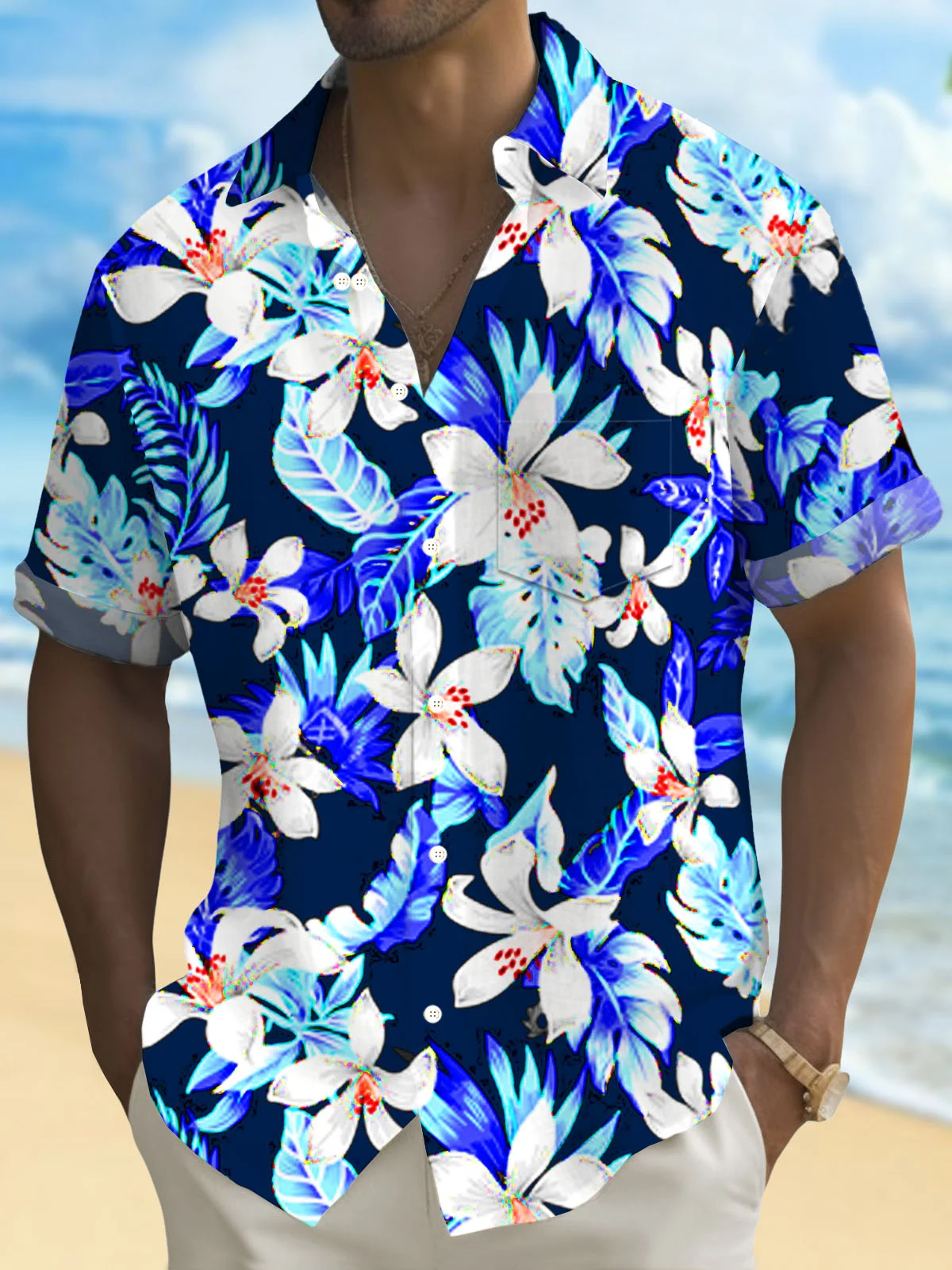 Royaura® Hawaiian Floral 3D Print Men's Button Pocket Short Sleeve Shirt Big & Tall