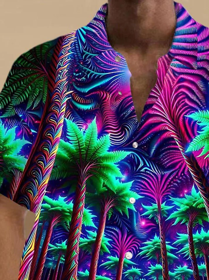 Royaura® Beach Vacation Men's Hawaiian Shirt Psychedelic Coconut Tree Print Pocket Camping Shirt Big Tall