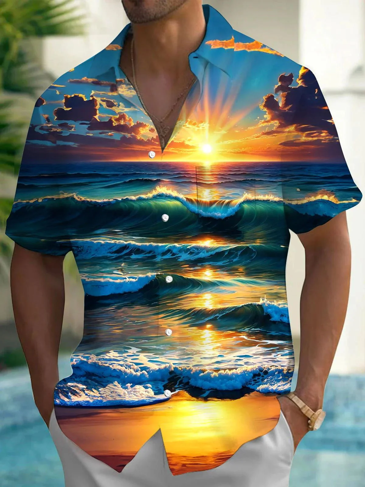 Royaura® Beach Vacation Men's Hawaiian Shirt Sunset Beach Print Pocket Camping Shirt Big Tall