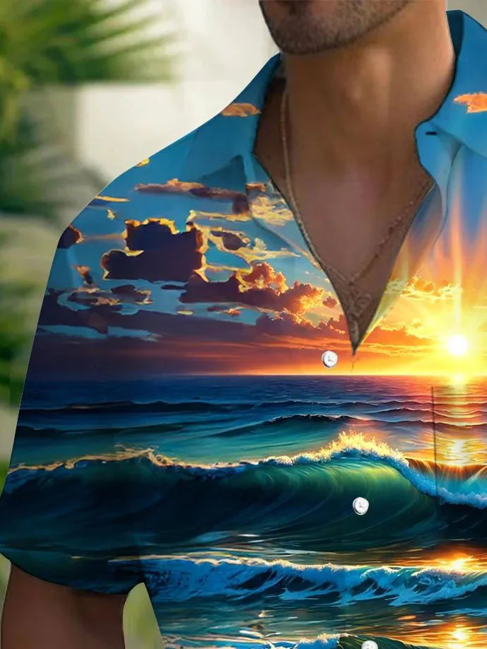 Royaura® Beach Vacation Men's Hawaiian Shirt Sunset Beach Print Pocket Camping Shirt Big Tall