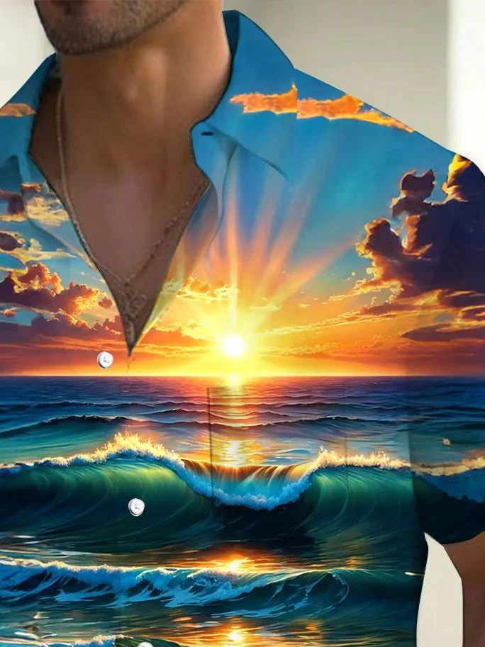 Royaura® Beach Vacation Men's Hawaiian Shirt Sunset Beach Print Pocket Camping Shirt Big Tall