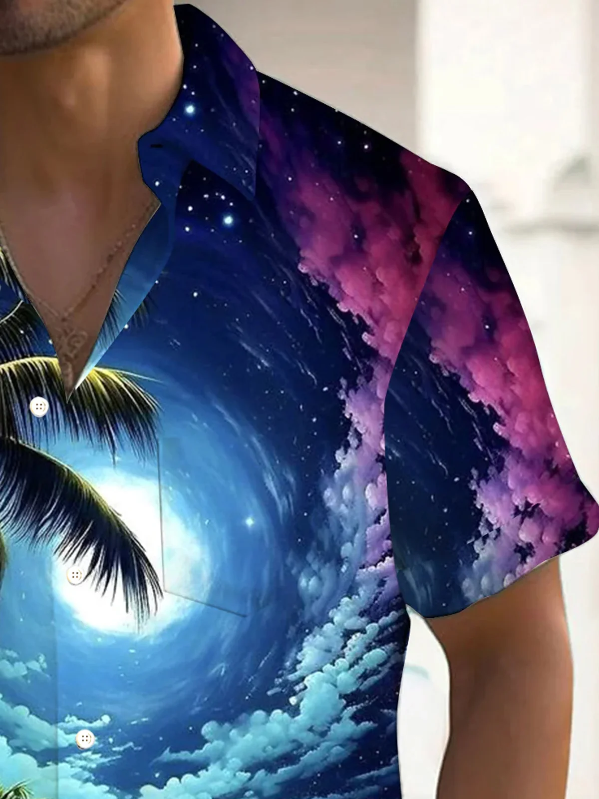 Royaura® Hawaiian Coconut Tree Starry Sky Gradient 3D Print Men's Button Pocket Short Sleeve Shirt Big & Tall