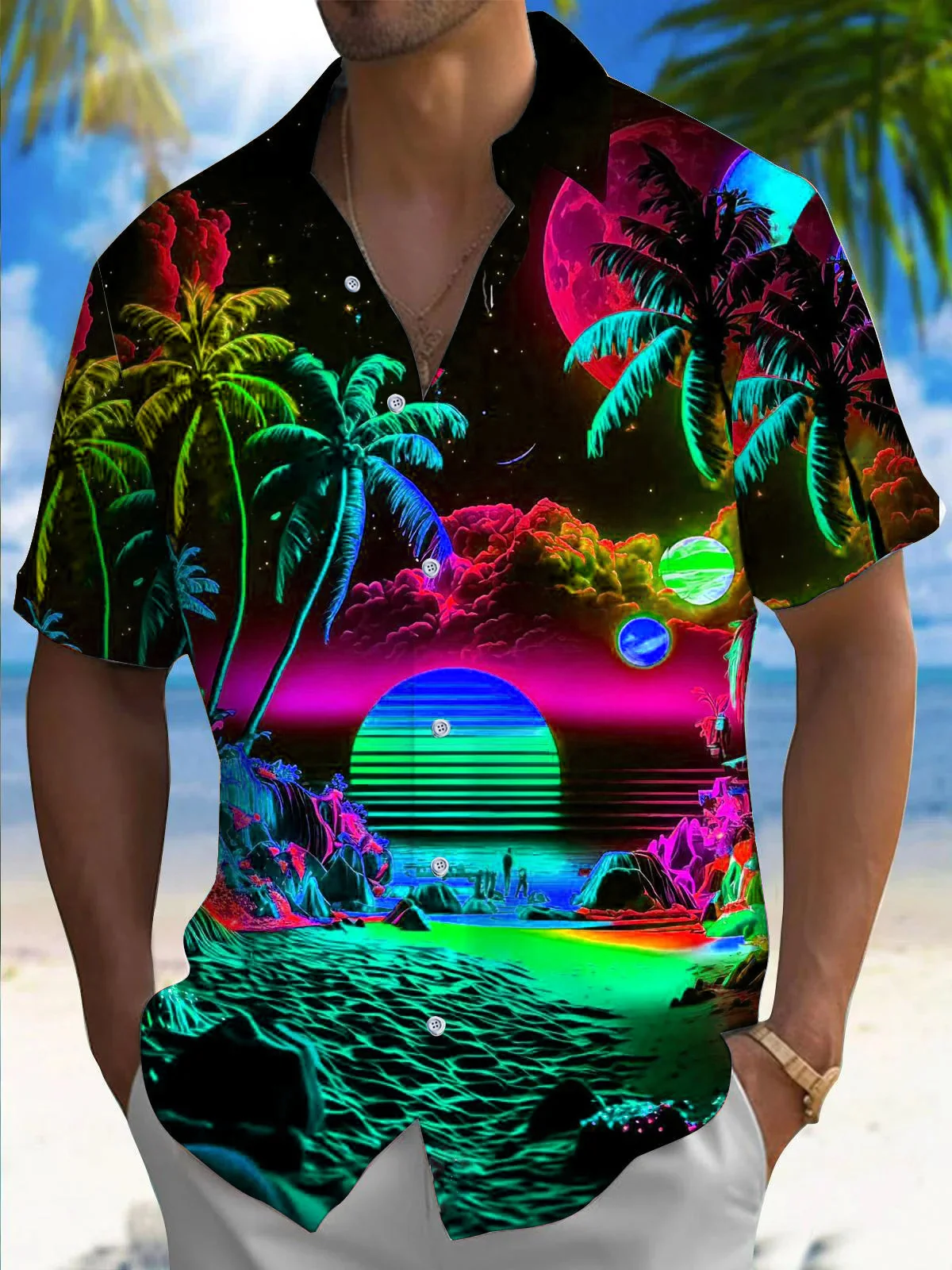 Royaura® Hawaii Coconut Tree Sunset Landscape 3D Print Men's Button Pocket Short Sleeve Shirt